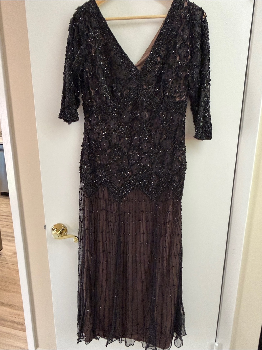 Pisarro Nights Black Beaded V-Neck Long Sleeve Evening Dress